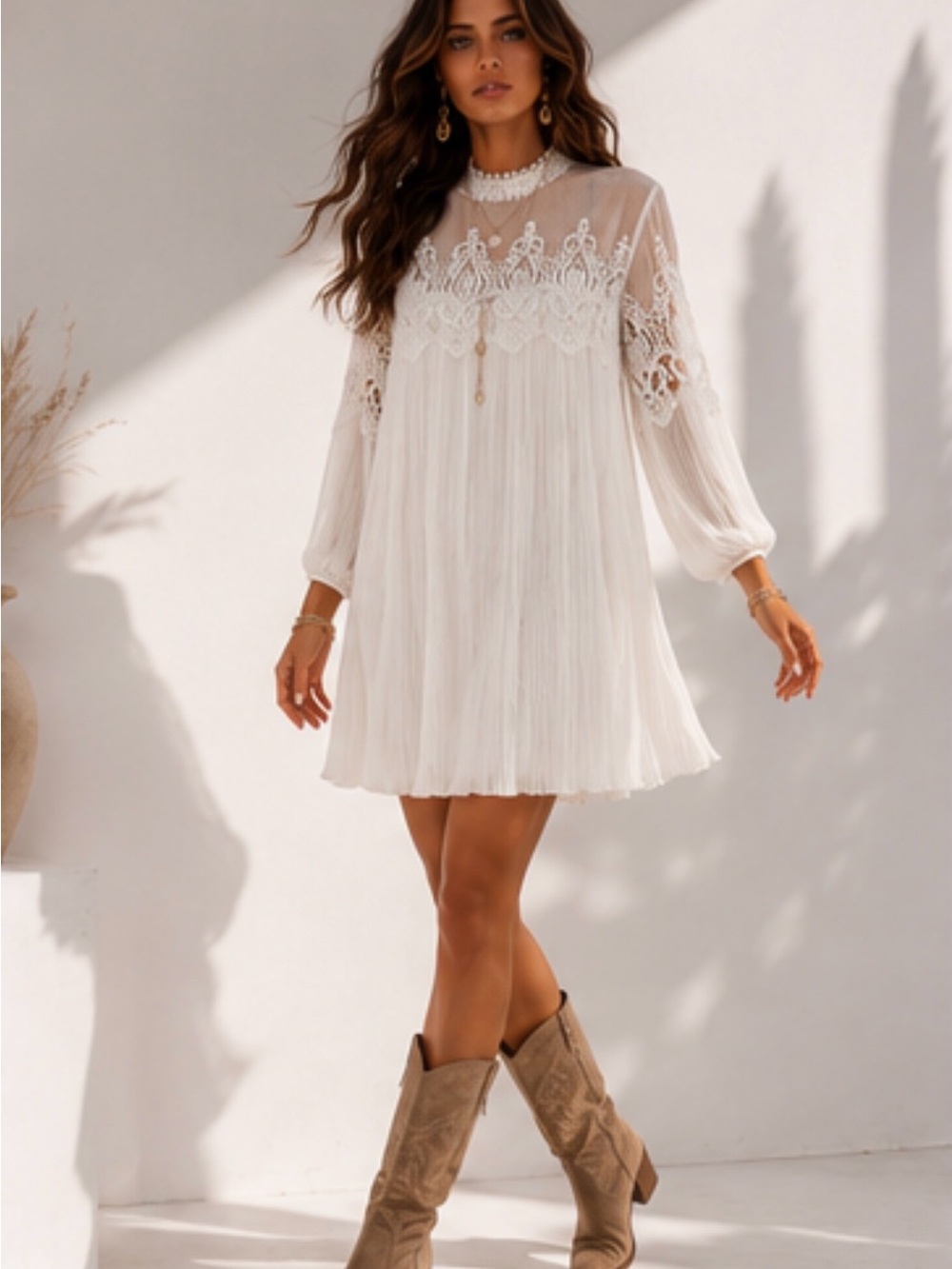 Boho Lace Pleated Tunic Dress | Romantic Boho Chic - Picture 3 of 15